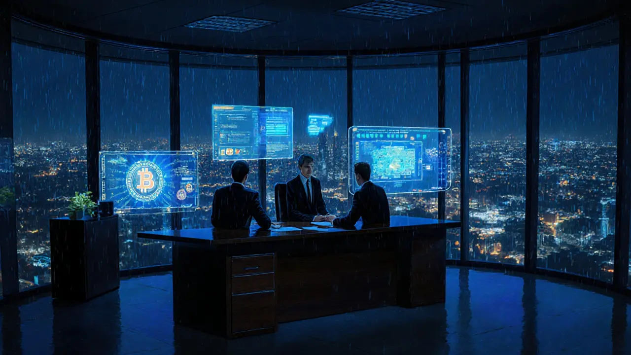 Agents monitoring encrypted payments and blockchain tokens in a dim office overlooking Istanbul at night.