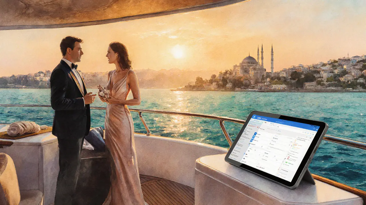 Companion and client discussing on a private yacht at sunset with AI matchmaking interface.