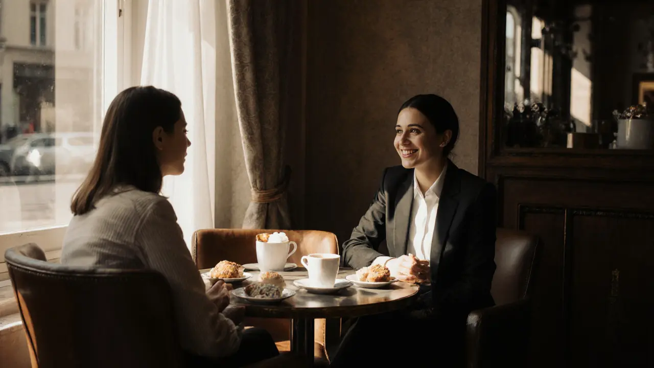 Companion and client sharing coffee in a sunlit café, showing friendly interaction.