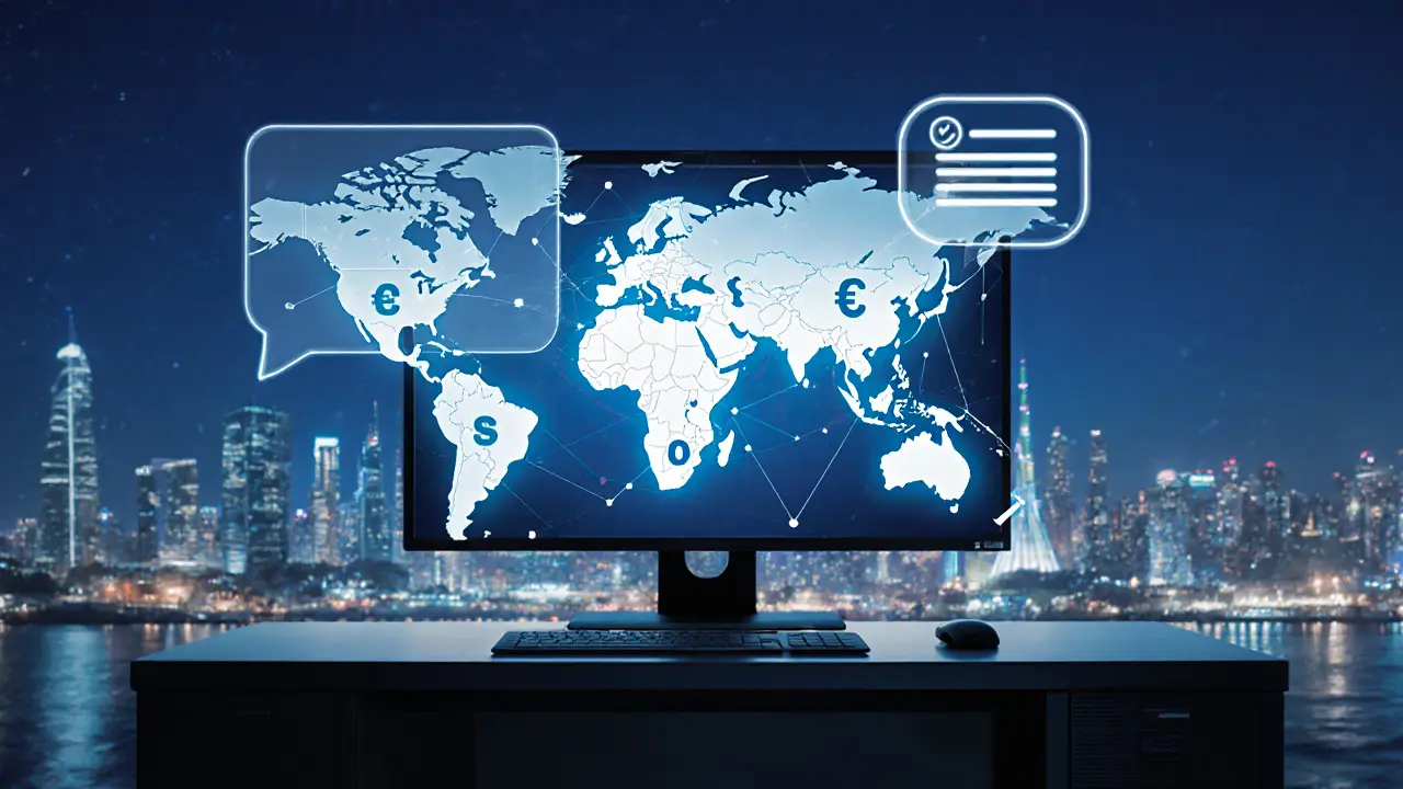 Digital workspace showing multi‑currency icons, chat bubble, and Turkey map highlighting market growth.