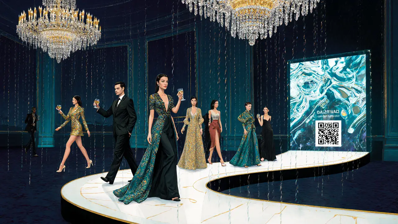 Elegant gala with runway and holographic booking screen, showing upscale escort culture.