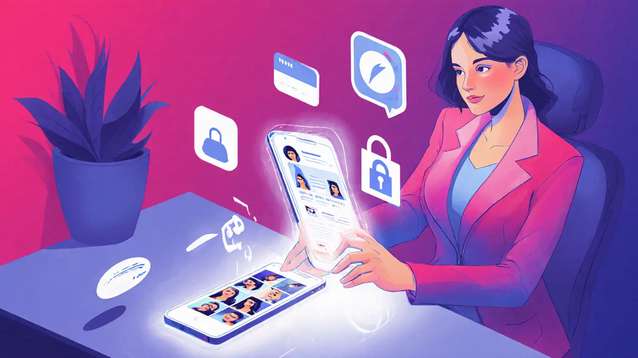 Escorts using smartphones to manage bookings on a sleek app with social media photos.