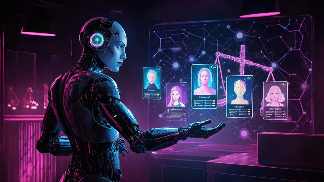 Futuristic AI hub with holographic profiles, blockchain lattice, and a gavel.