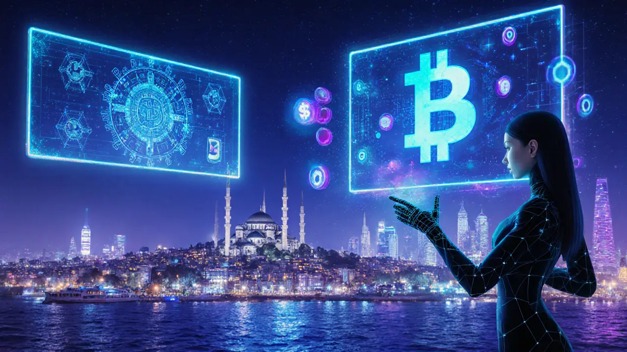 Futuristic cityscape showing AI matchmaking and blockchain payment symbols for escort services.