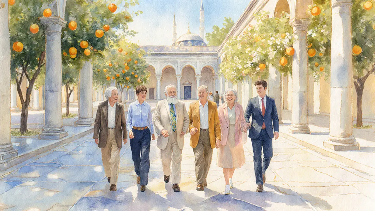 Group of seniors with companions walking in a museum courtyard, illustrating community support.