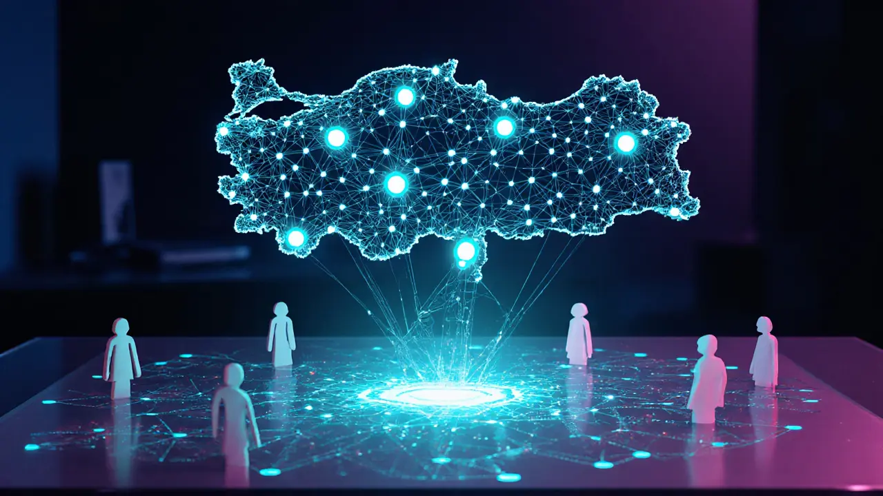 Holographic map of Turkey showing AI matchmaking nodes in major cities.