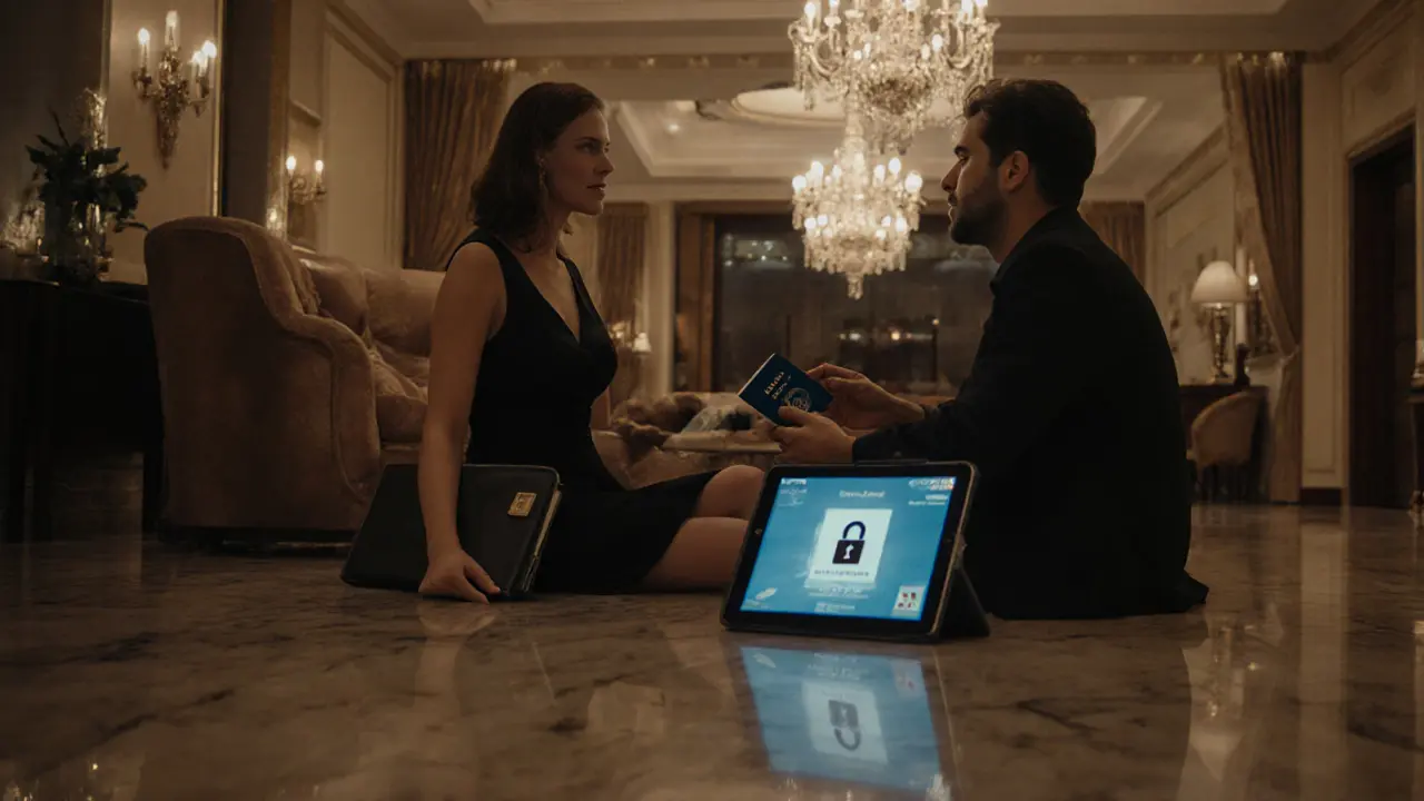 Hotel lobby encounter with a tourist and escort, highlighting safety measures.