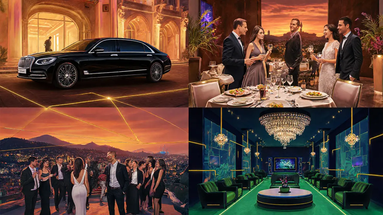 Illustration of luxury car, fine dining, rooftop lounge, and nightclub showing tourism impact.