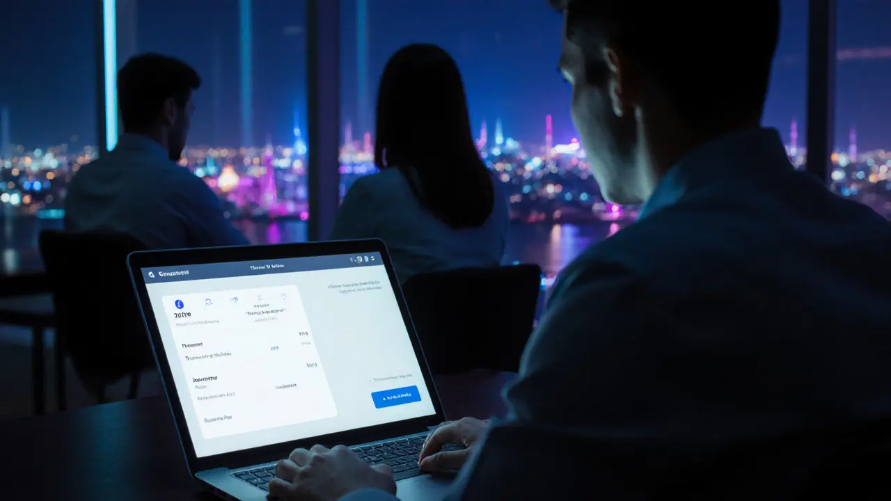 Laptop displaying discreet booking app with blurred city skyline behind.