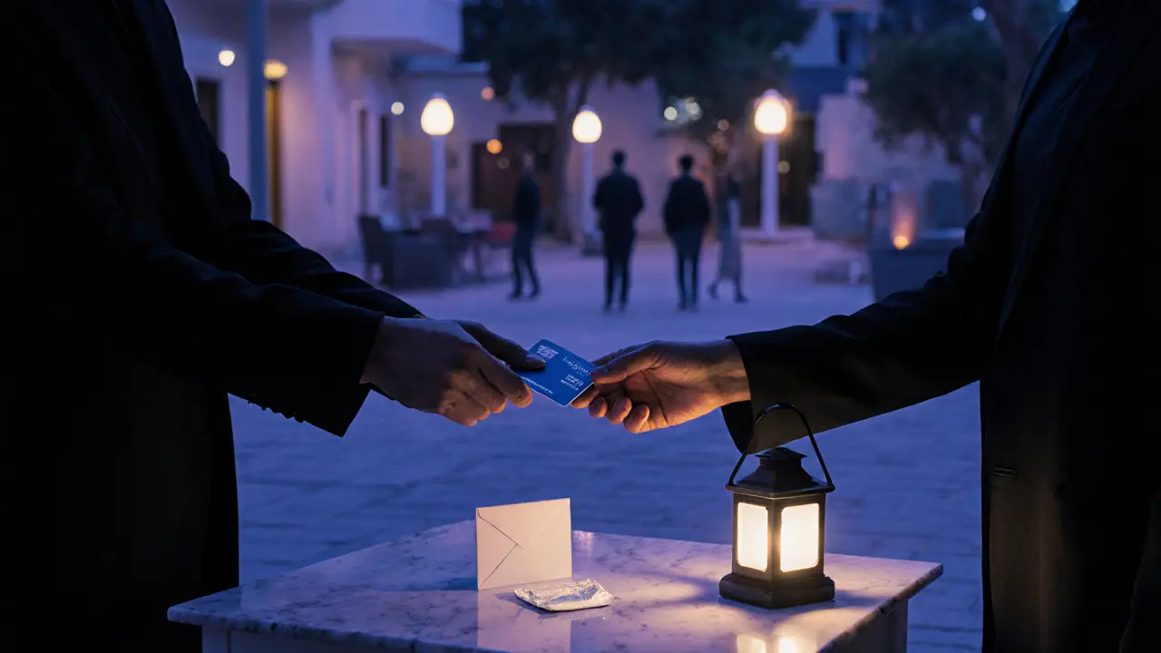 Night courtyard scene with discreet handoff of a prepaid card, envelope, and condom packet.