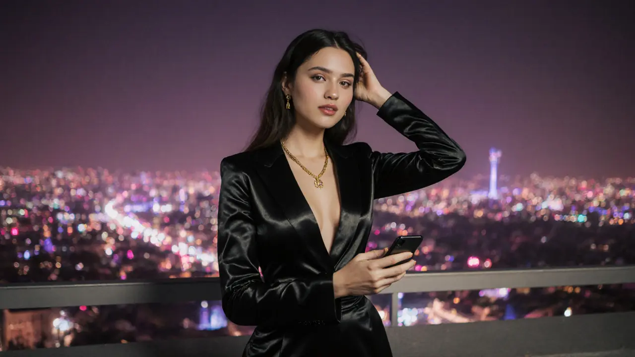Night rooftop portrait of a glamorous Turkish influencer overlooking the city skyline.