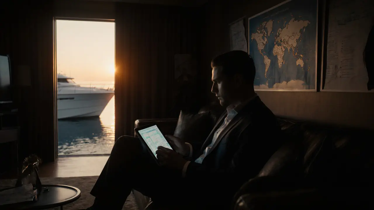 Private lounge scene with client reviewing options, hints of yacht, hotel and travel map.