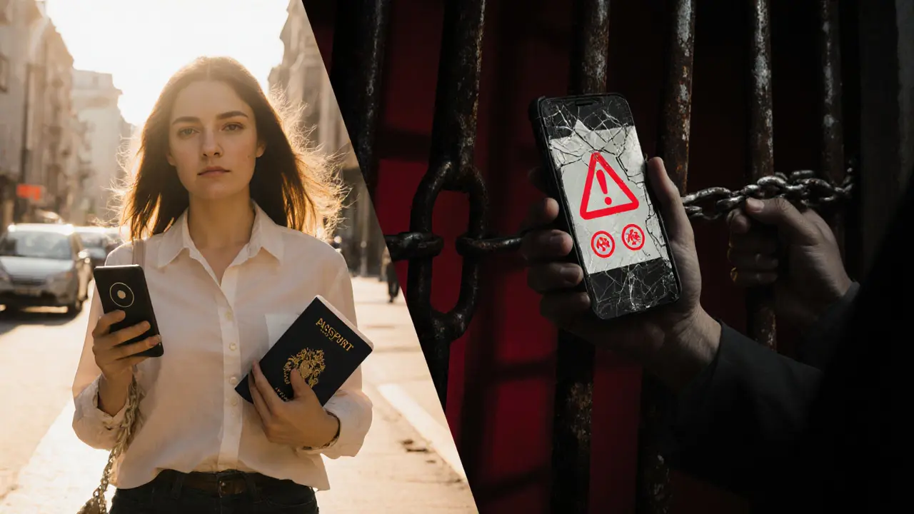 Split image: free woman walking in daylight versus trapped figure behind bars.