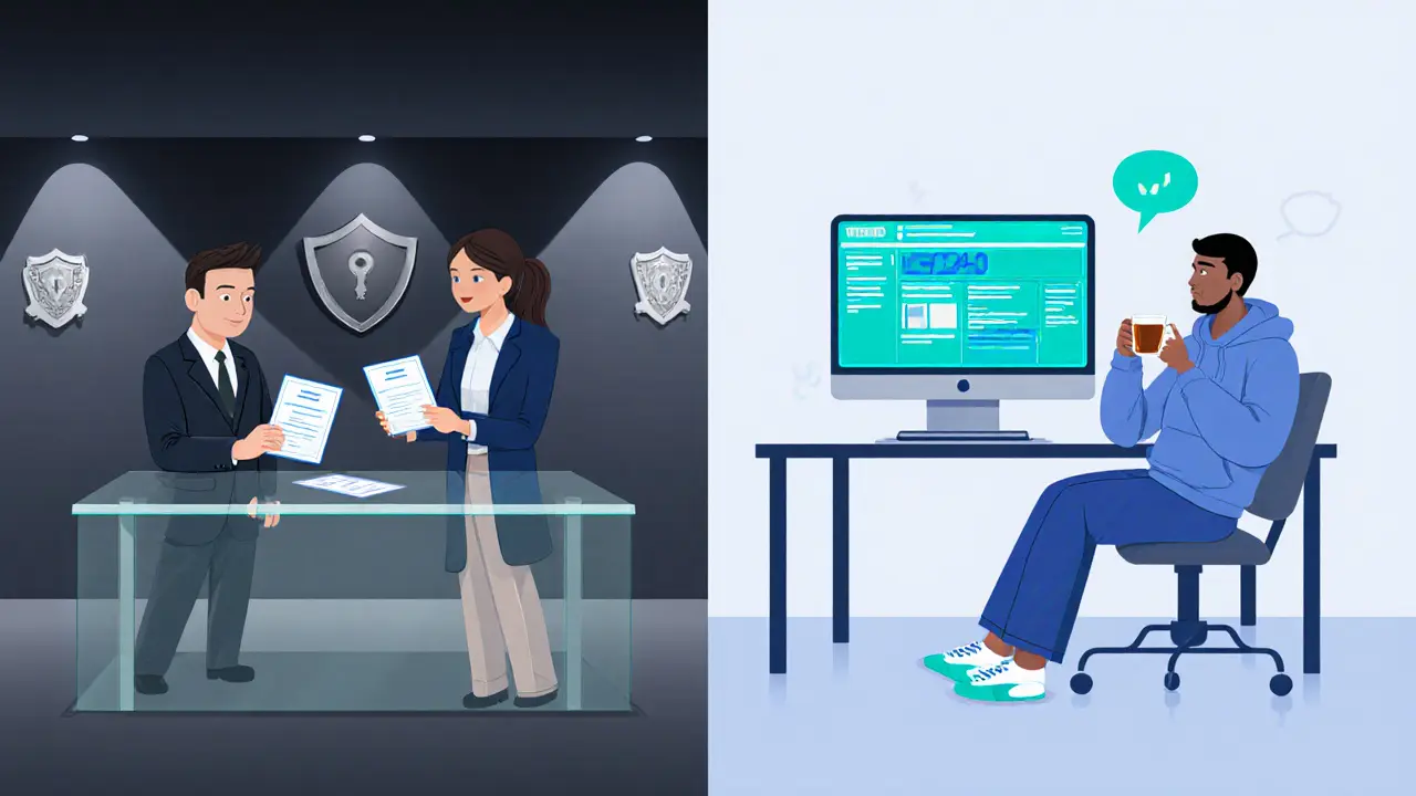 Split view of a formal agency office verifying IDs and a casual home setup with an online escort site.