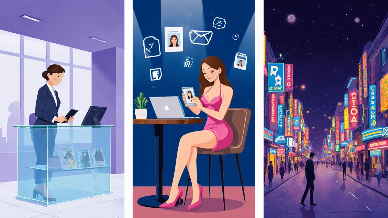 Three‑panel illustration: agency office desk, freelance escort with laptop, nightlife street negotiation.