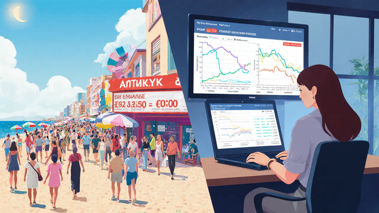 Tourist-filled Antalya street with currency exchange board and a woman using an online platform.