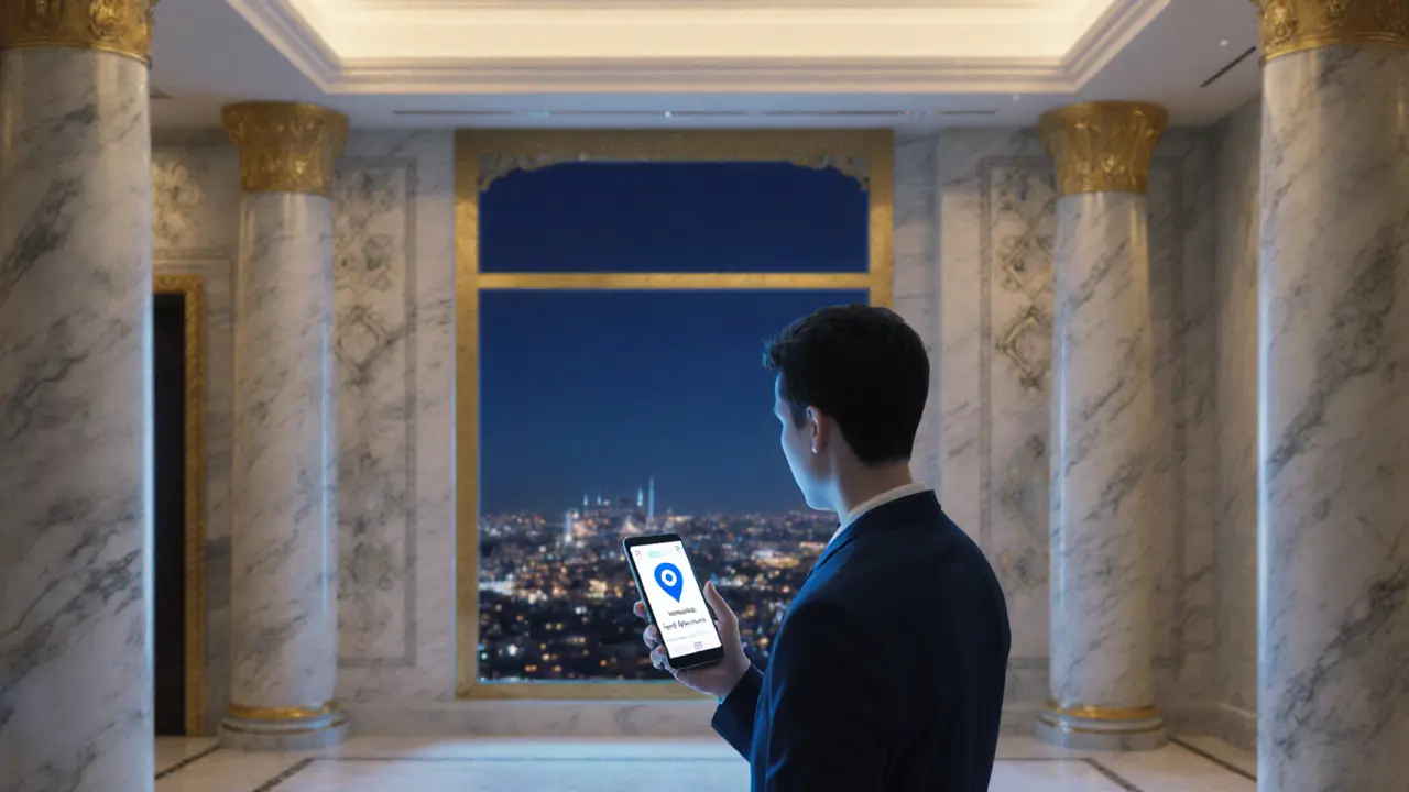 Traveler in a hotel lobby using a safety app, with a subtle view of an Istanbul skyline behind.