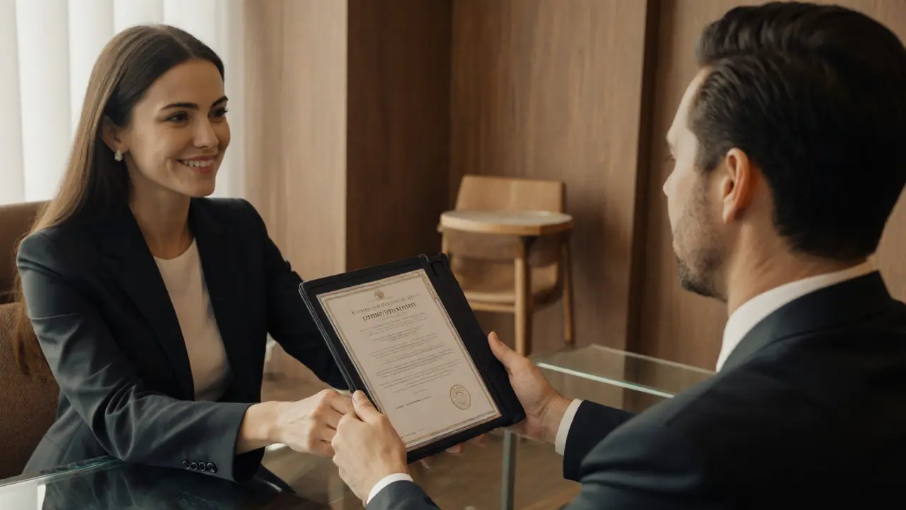 Upscale boutique office in Istanbul’s Beyoğlu district showing a professional client meeting with discreet health documents.