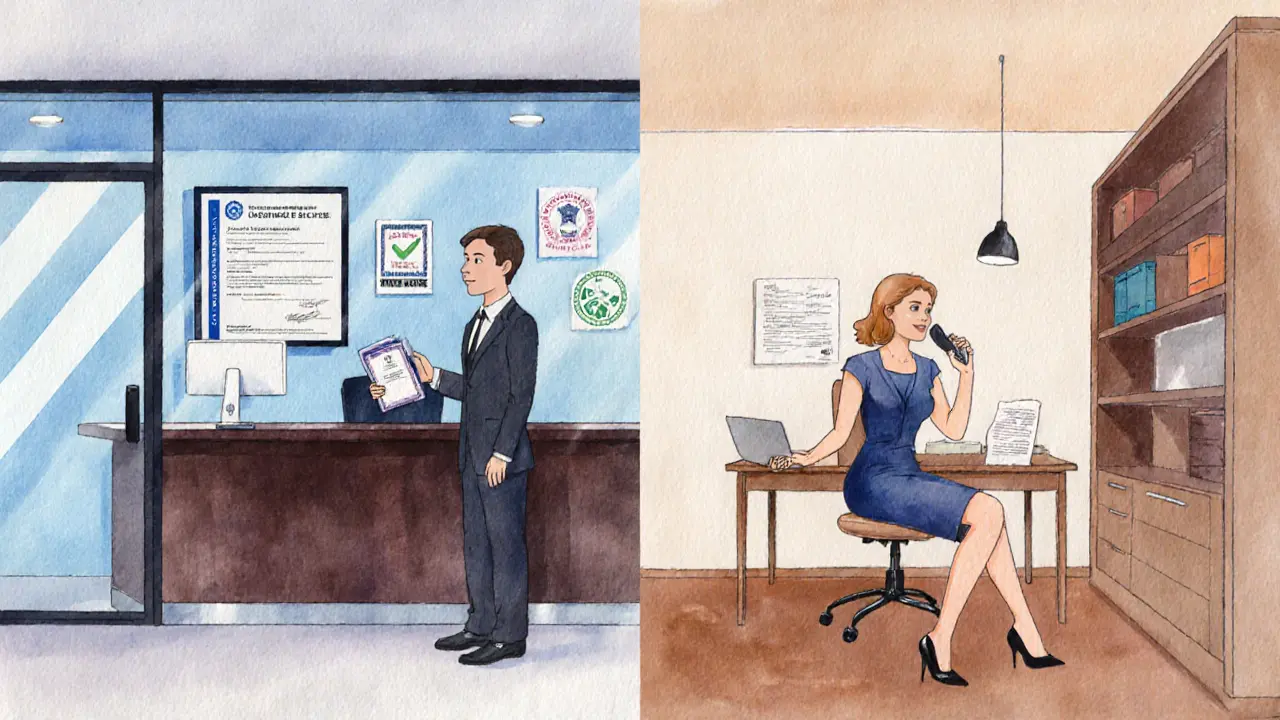 Watercolor split view of agency office versus independent escort studio.