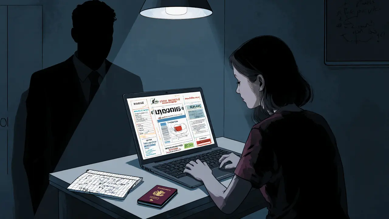 Woman in a dark room looks at job ads, passport and debt papers nearby.
