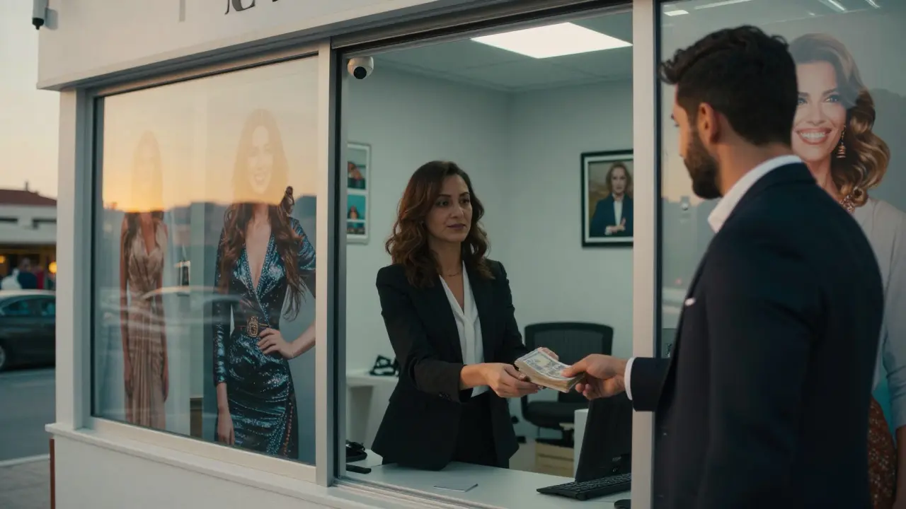 A professional-looking escort agency facade hides a woman receiving cash in the back, revealing exploitation behind polished appearances.