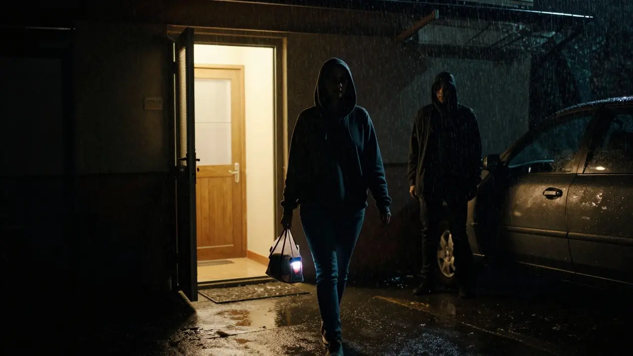 A woman approaches a shelter at night, watched by an unseen figure, rain reflecting neon lights as she seeks safety.