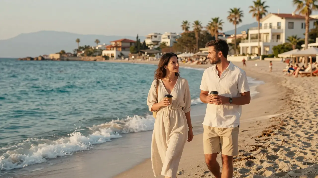 Antalya'nın Konyaaltı sahilinde bir çift, deniz kenarında kahveyle yürüyüş yapıyor.