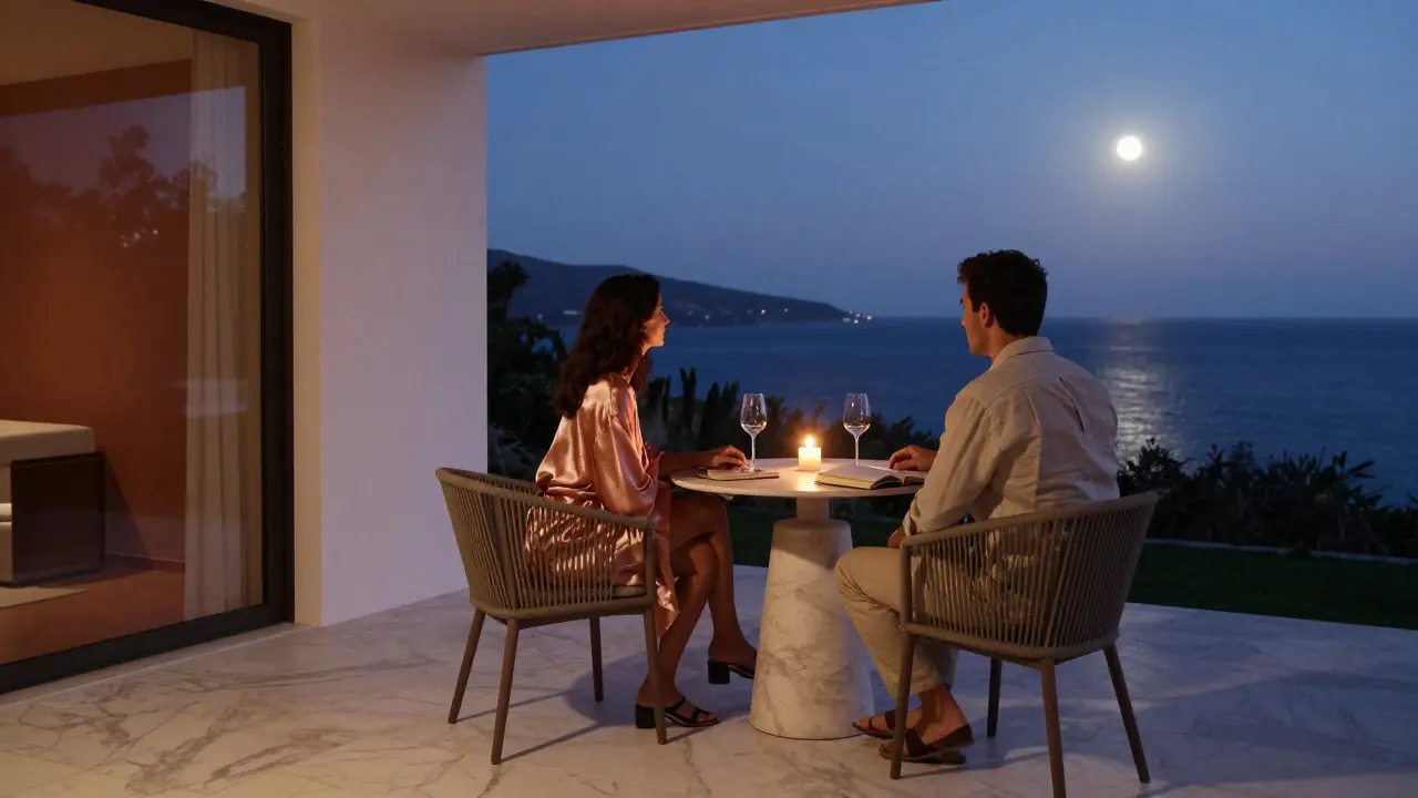 Çeşme'de bir villada akşam saatlerinde bir çift, deniz manzaralı terasta sakin bir sohbet yapıyor.