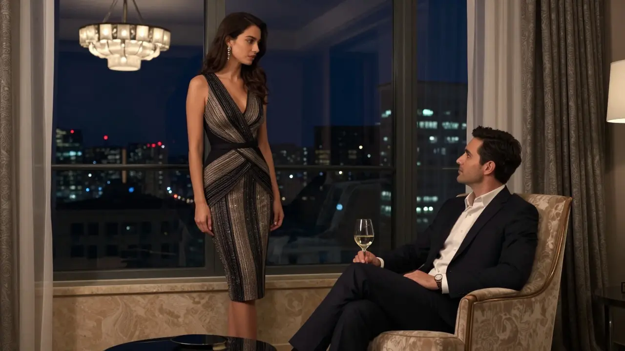 Lüks bir otel odasında bir kadın ve bir erkek şık bir atmosferde oturuyor.