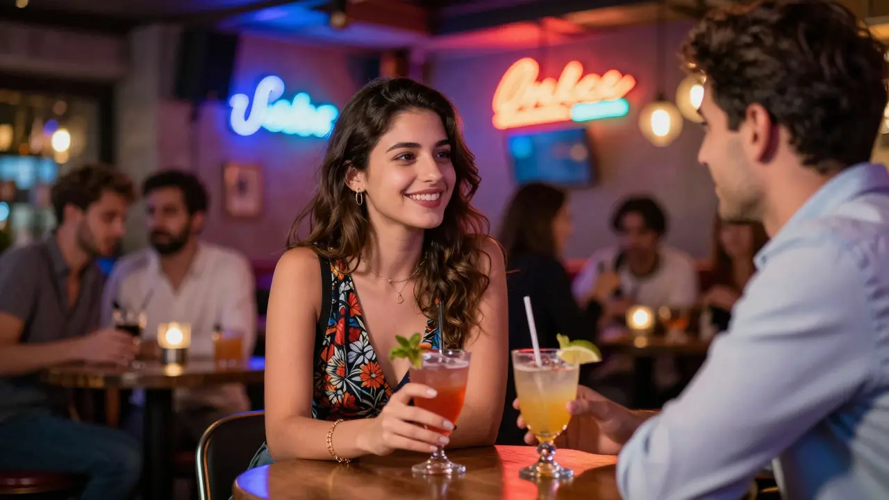 Şık bir barda kadın ve erkek cocktail ile sohbet ediyor.